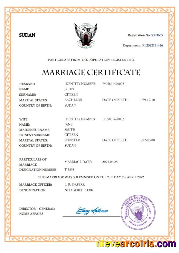 Sudan marriage certificate